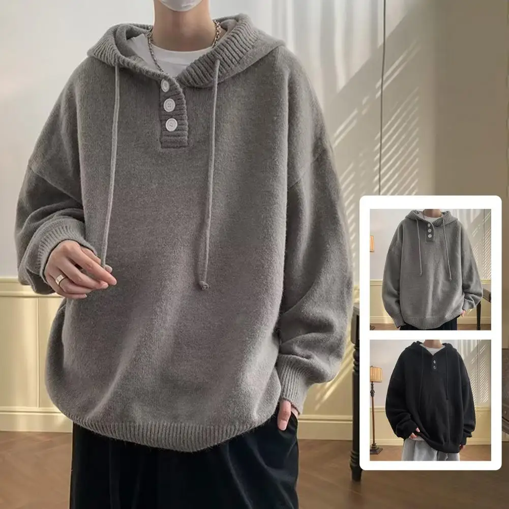 Fall Winter Men Sweater Button Hooded Loose Drawstring Knitted Sweater Loose Elastic Warm Vintage Mid Length Hoodie