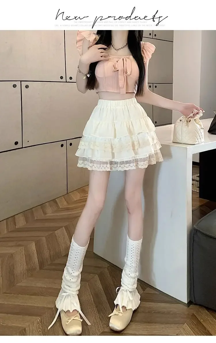JOEVILU White Tutu Skirt A-line Elastic High Waist Mini Skirts Short Lace Cake Skirt Thin Summer Korean Fashion Goth Y2k Clothes