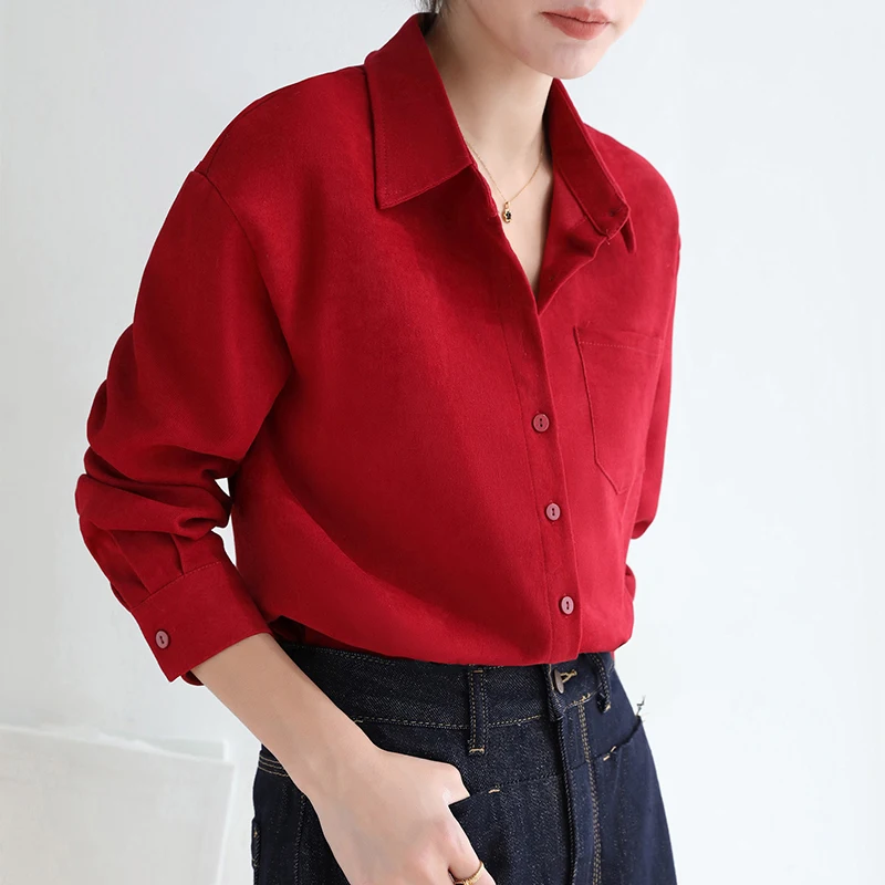 

Vintage Red Shirt for Women Autumn Winter 2025 New Long Sleeve Turn Down Collar Thick Blouse Office Ladies Casual Tops