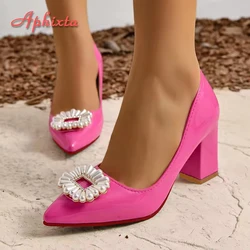 Aphixta 2025 Luxury Pearl Crystals Buckle Baby Pink Pumps Women Shoes Chunky Heel Parent-child Students Big Size 35-53