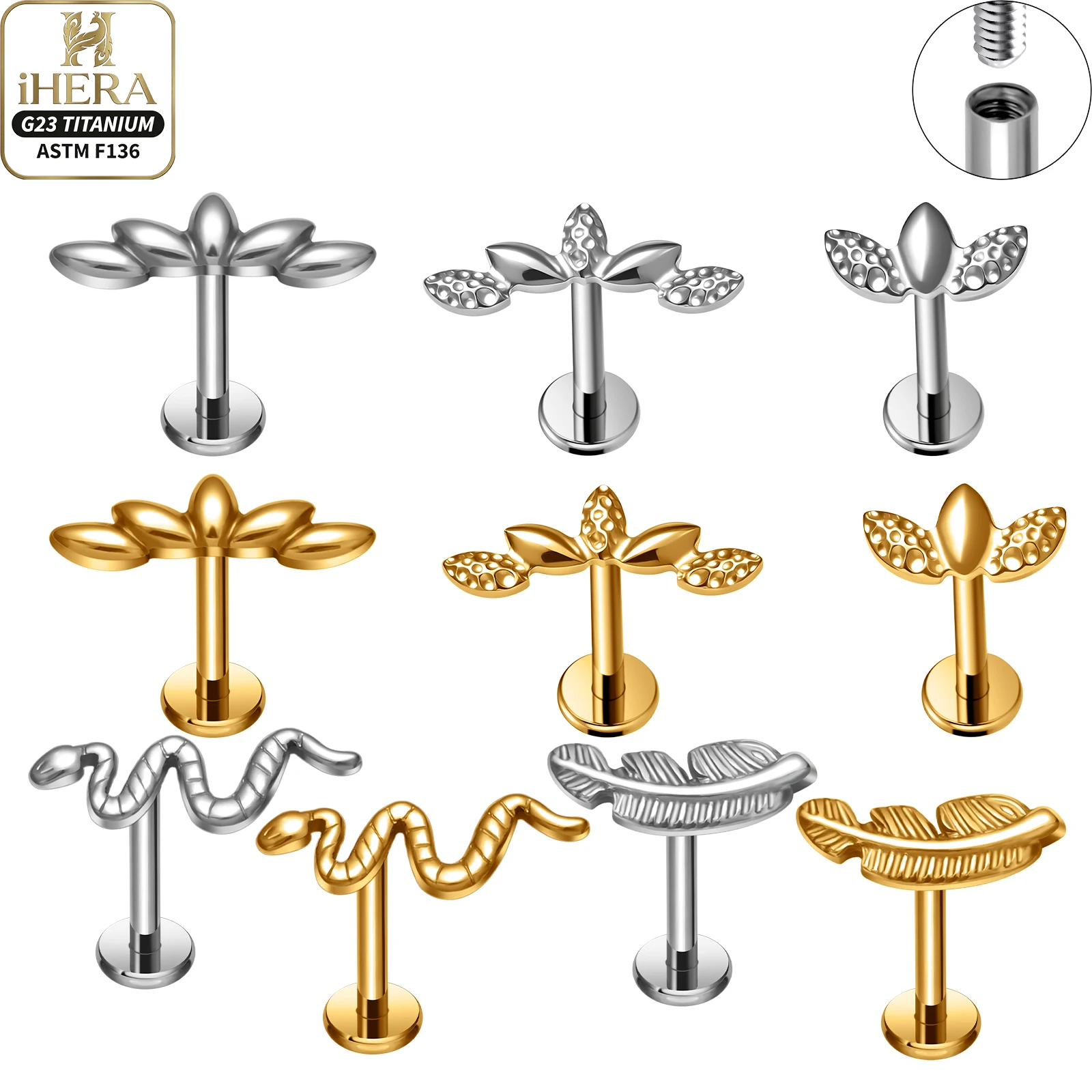 ASTM F136 Titanium Snake Leaf Feather Flat Back Ear Piercing Textured Plant Vine Labret Helix Tragus Conch Stud Jewelry Lot