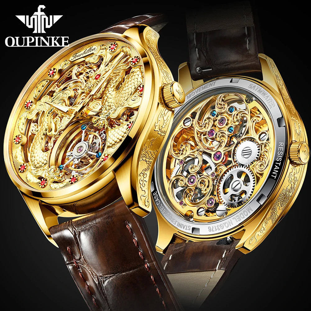 OUPINKE 3176 Original Tourbillon Automatic Movement Men's Watch Leather Strap Waterproof 3D Golden Dragon Fashion Watch Man