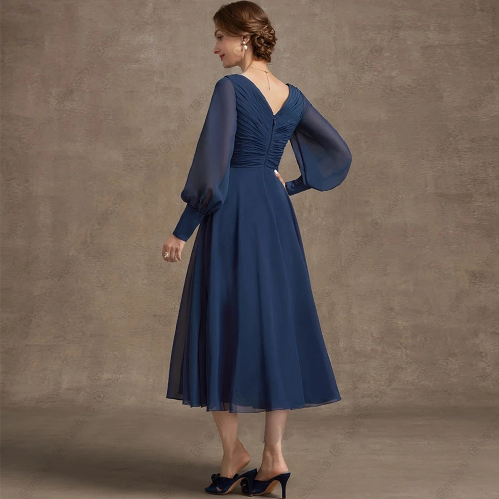 Simple Tea Length Chiffon Mother of Bride Dresses Strapless Full Sleeve Wedding Party Gown Pleat 2025 Summer Vestido De Noche