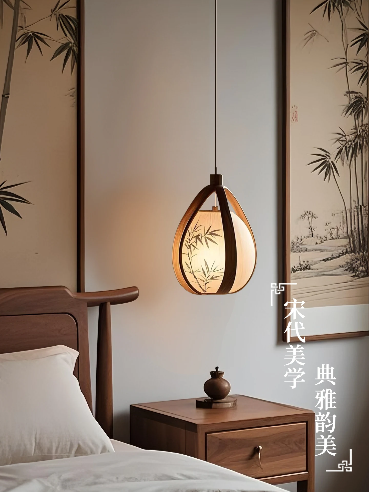 

Song Dynasty Oriental Home Aesthetics Zen Small Chandelier, Bedroom Bedside Lamp, Solid Wood Bamboo Leaf Ink Painting Auxiliary