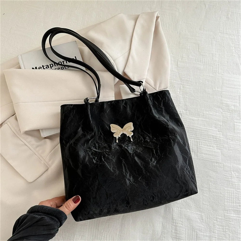 

Trendy Pu Leather Underarm Tote Bag Solid Color Korean Style Sweet Shoulder Bag Butterfly Pattern Zipper Luxury Handbag Shopping