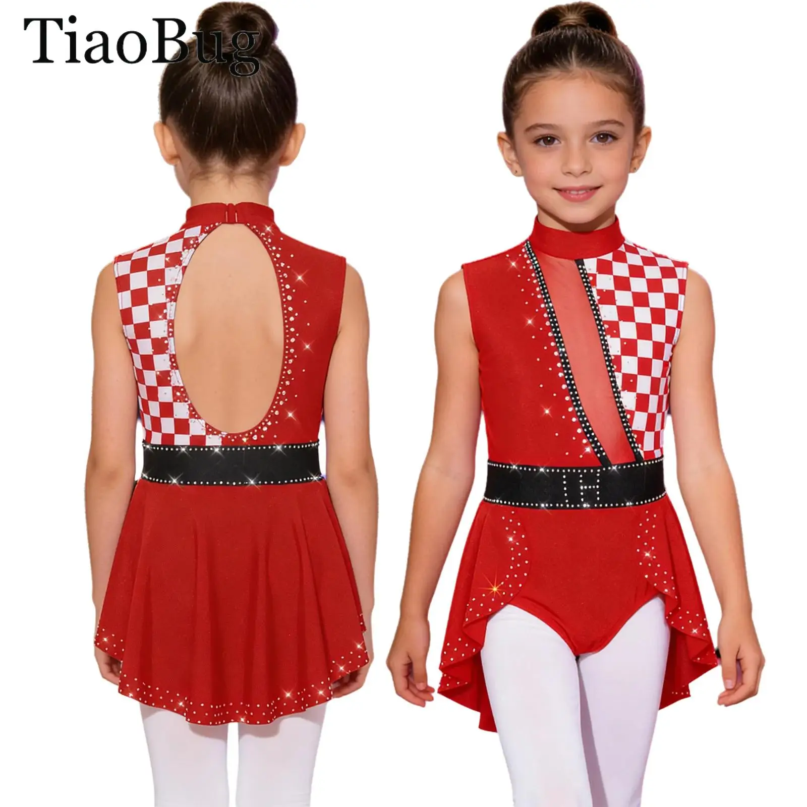 

Girls Circus Clown Costume Ringmaster Jumpsuit Sparkly Rhinestones Gymnastics Ballet Leotard Ruffle Skirt Checkerboard Bodysuit