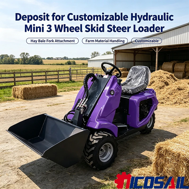 

Deposit for Customizable Hydraulic Mini 3 Wheel Skid Steer Loader with Hay Bale Fork Attachment for Farm & Material Handling