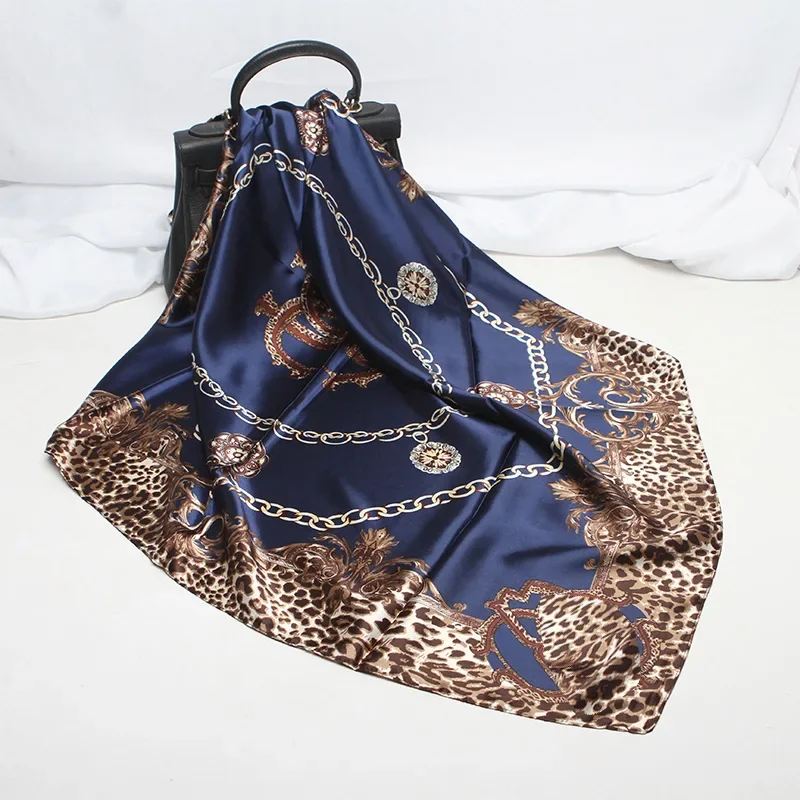 Faux Silk Scarf Female Russian Leopard Print Shawl Kerchief Cashew Square Hijab 90*90cm