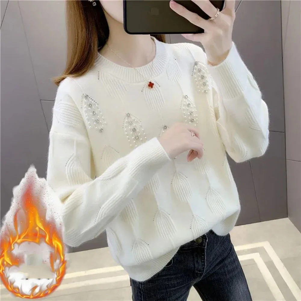 

2023 Autumn Winter Fashion Sweater Women O Neck Loose Jumpers Casual Long Sleeve Beading Solid Color Pullovers Female Knitwears