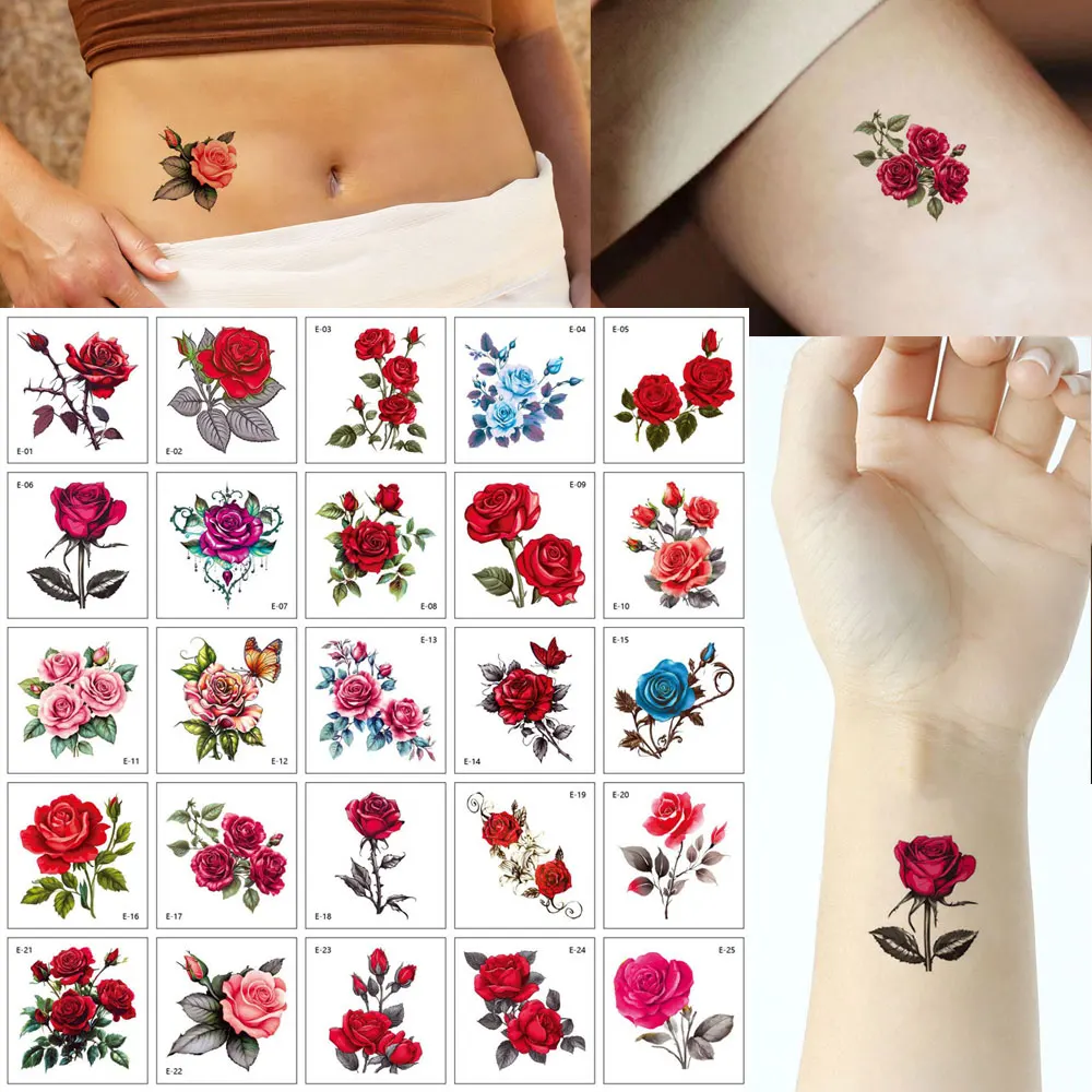 25sheets/pack Small Pattern Waterproof Rose Flower Tattoo Stickers Temporary Tattoos for Women Hand Body Decor