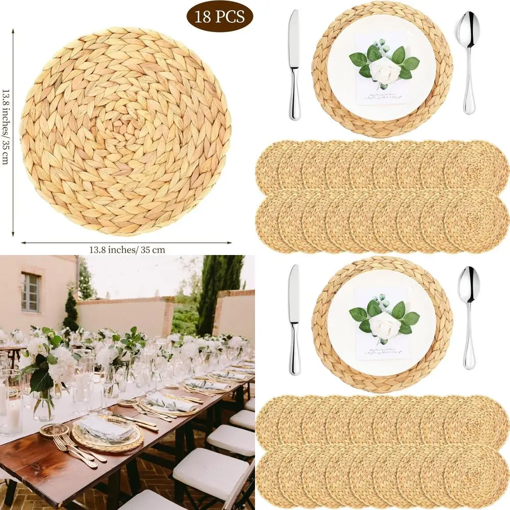 

Bulk 18 Round Woven Rattan Placemats, Water Hyacinth Tablemats for Dinner, Wedding, Boho Kitchen Decor