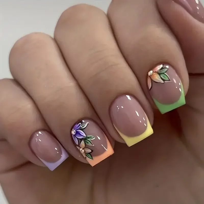 24pcs Colorful Flower French Tip Press On Nails - Glossy Full Cover Short Square False Nails-Perfect for Spring and Summer Wear