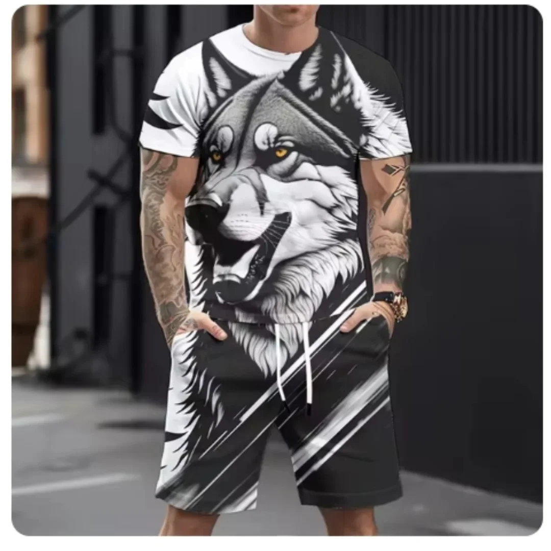 Hot-selling Men's Casual 3D Printed Wolf Pattern Sportswear Set, Super Loose Men's Top, Refreshing Style Summer Casual Breathabl