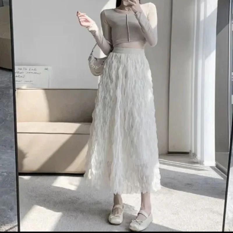 2024 New Summer High Waist Fashionable Simplicity Versatile and High-end Heavy-duty Wave Mesh Lace Fairy Half Skirt Women