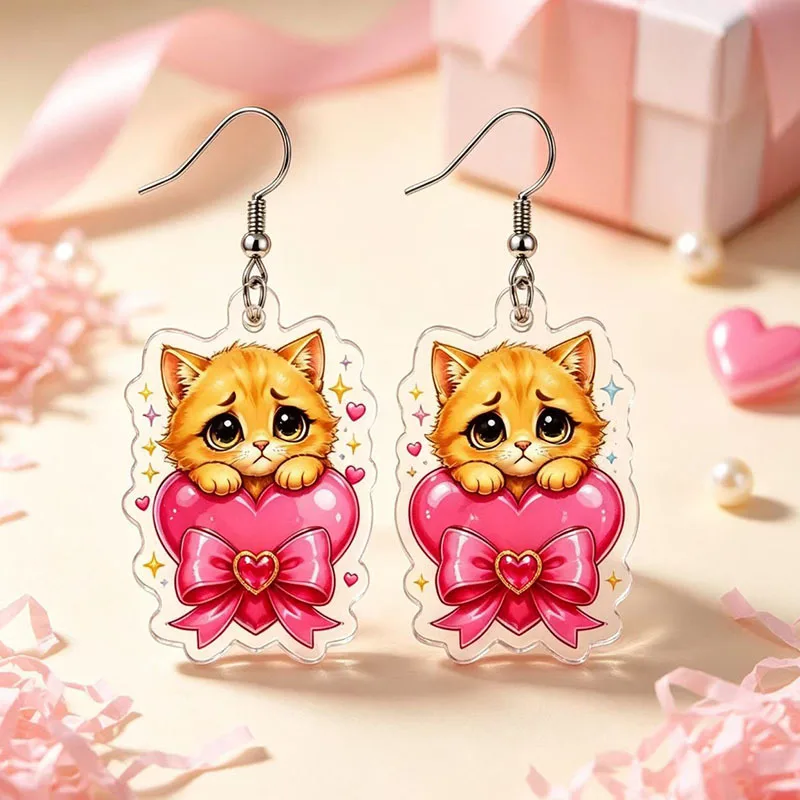 Cute Ginger Cat Pink Heart Bow Acrylic Dangle Earrings 2D Flat Cartoon Kitten Earring Sweet Lovely Women Jewelry Valentine Gift