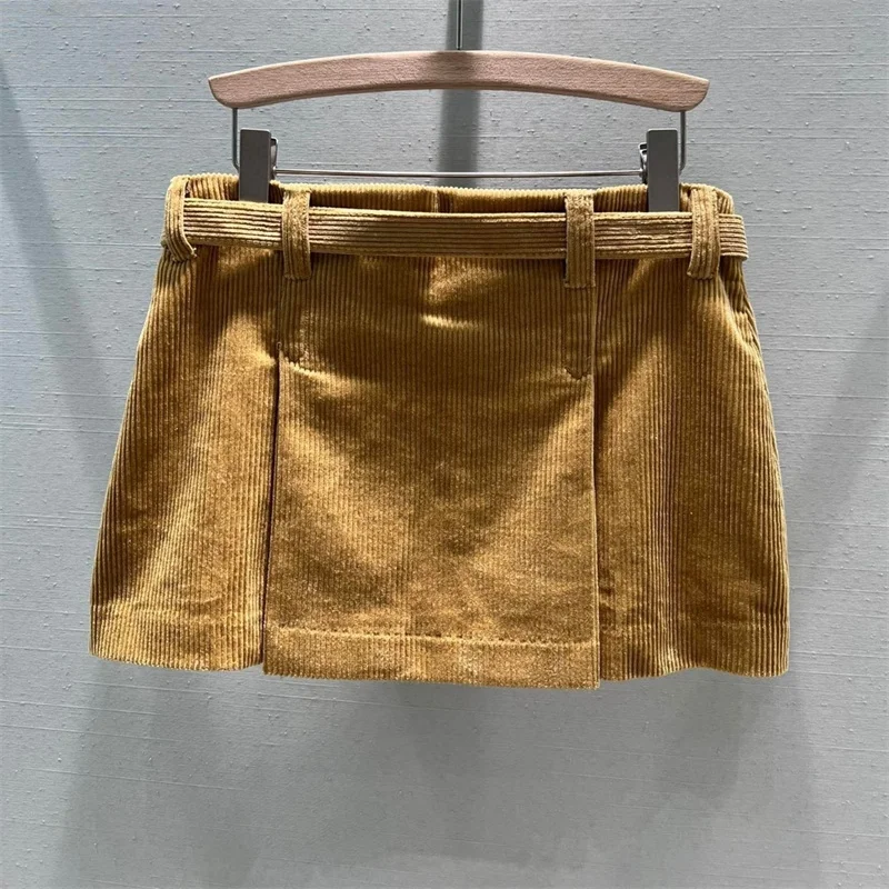 Corduroy Pleated Skirt Slim M244943 Autumn New School Style Temperament Belt Y2k Vintage Mini Skirts Spanking Yellow Colour