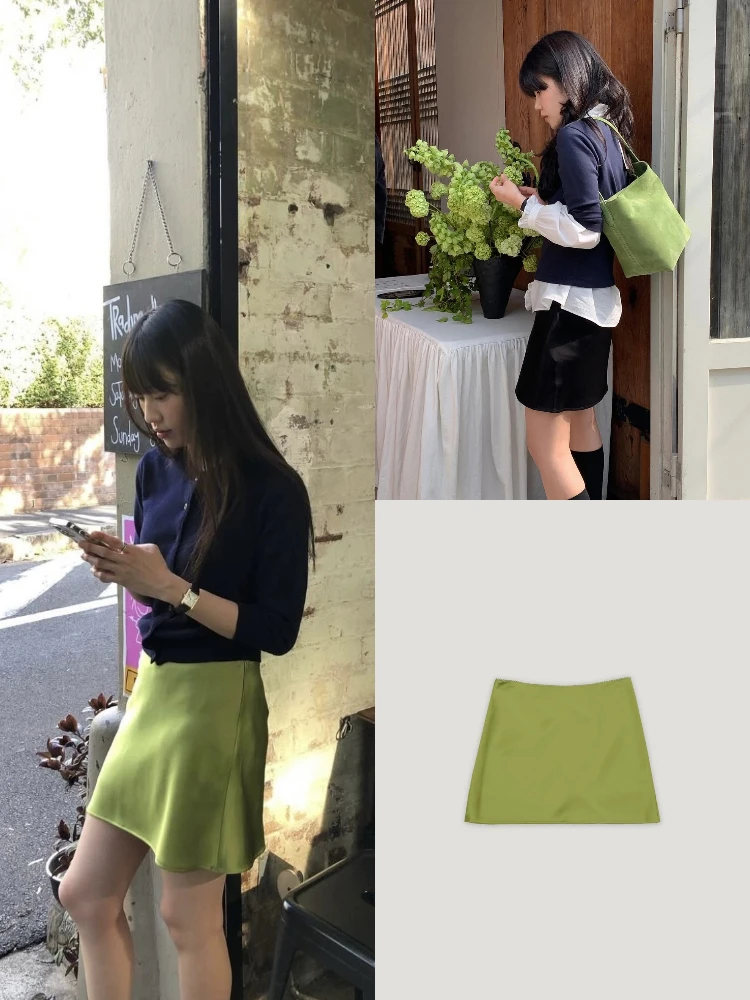 

Silky Smooth Satin A-Line Skirt High Waist Slimming Women's ort Skirt Dongda Gate Fre Sle Casual Pure Color