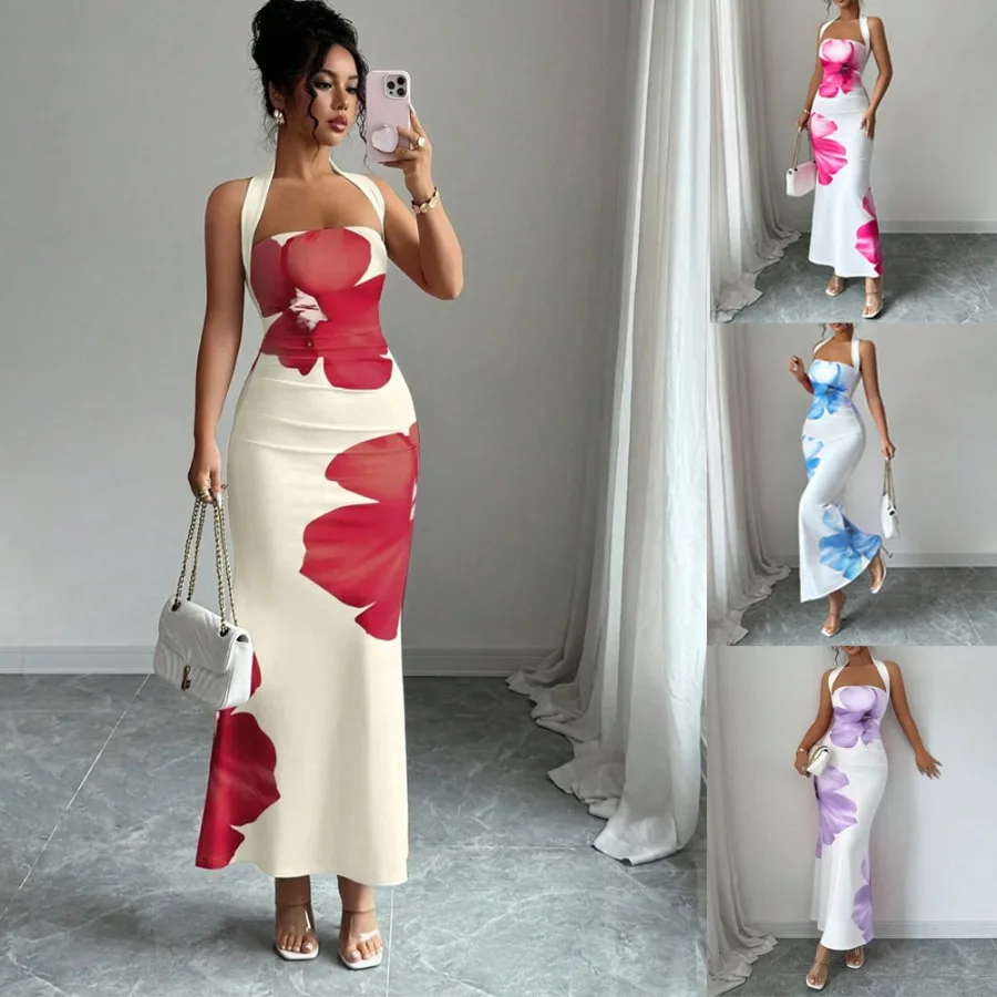 

【New style】European and American women's clothing 2026 new style hot style hanging neck backless long dress bag hip printed