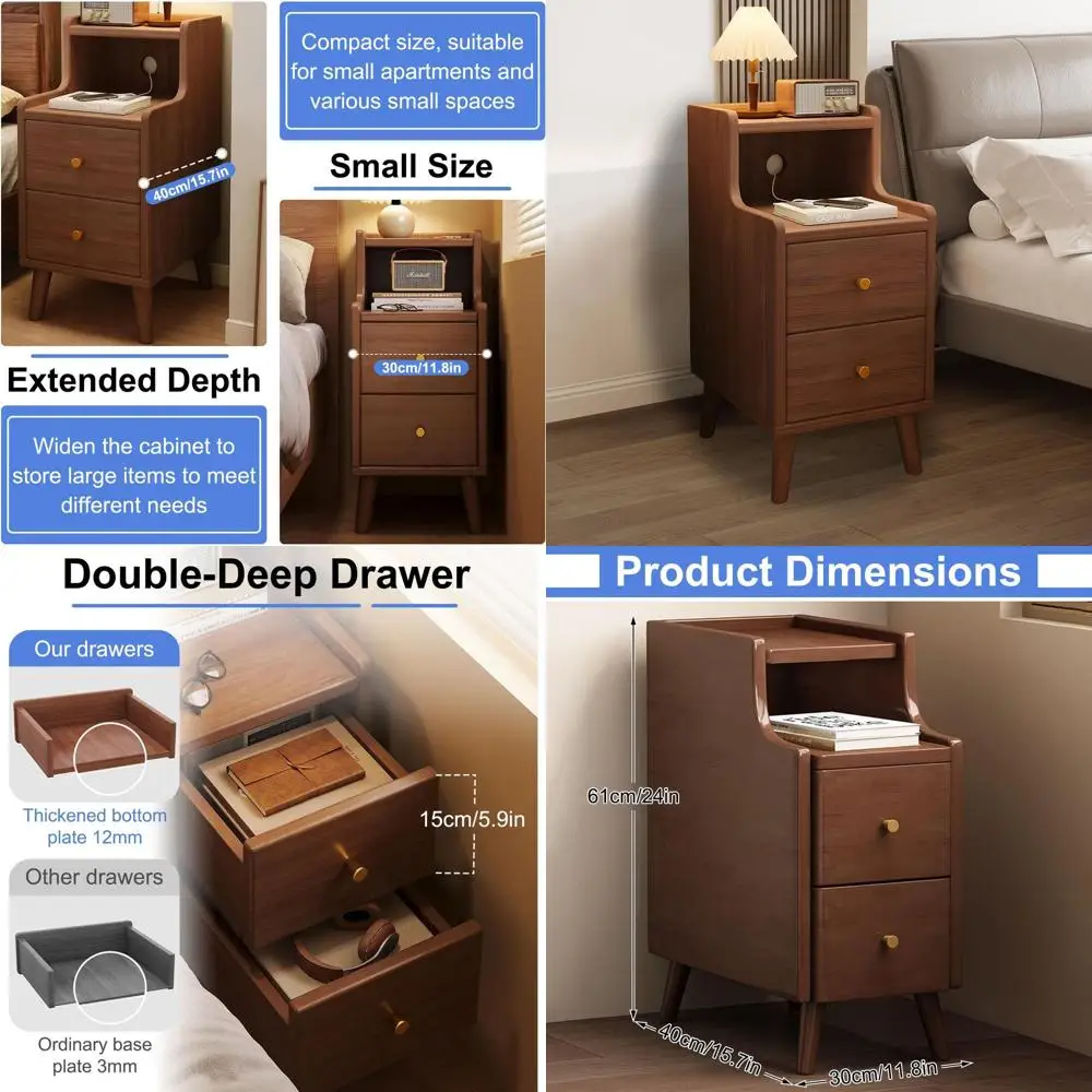 

Compact Drawer Nightstand for Tight Spaces, Wooden Bedside Table, Mid-Century Modern, 11.8 Wide