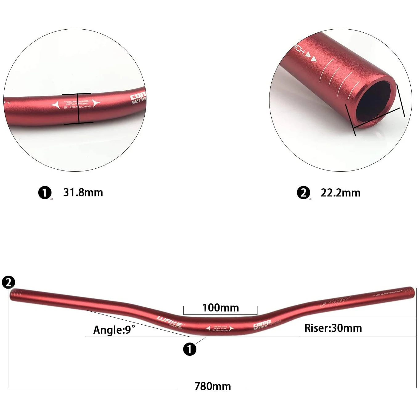 Wake Bike Handlebar Aluminum Alloy Extra Long Bicycle Riser Handlebar 31.8mm 780MM Bicycle Bars Red