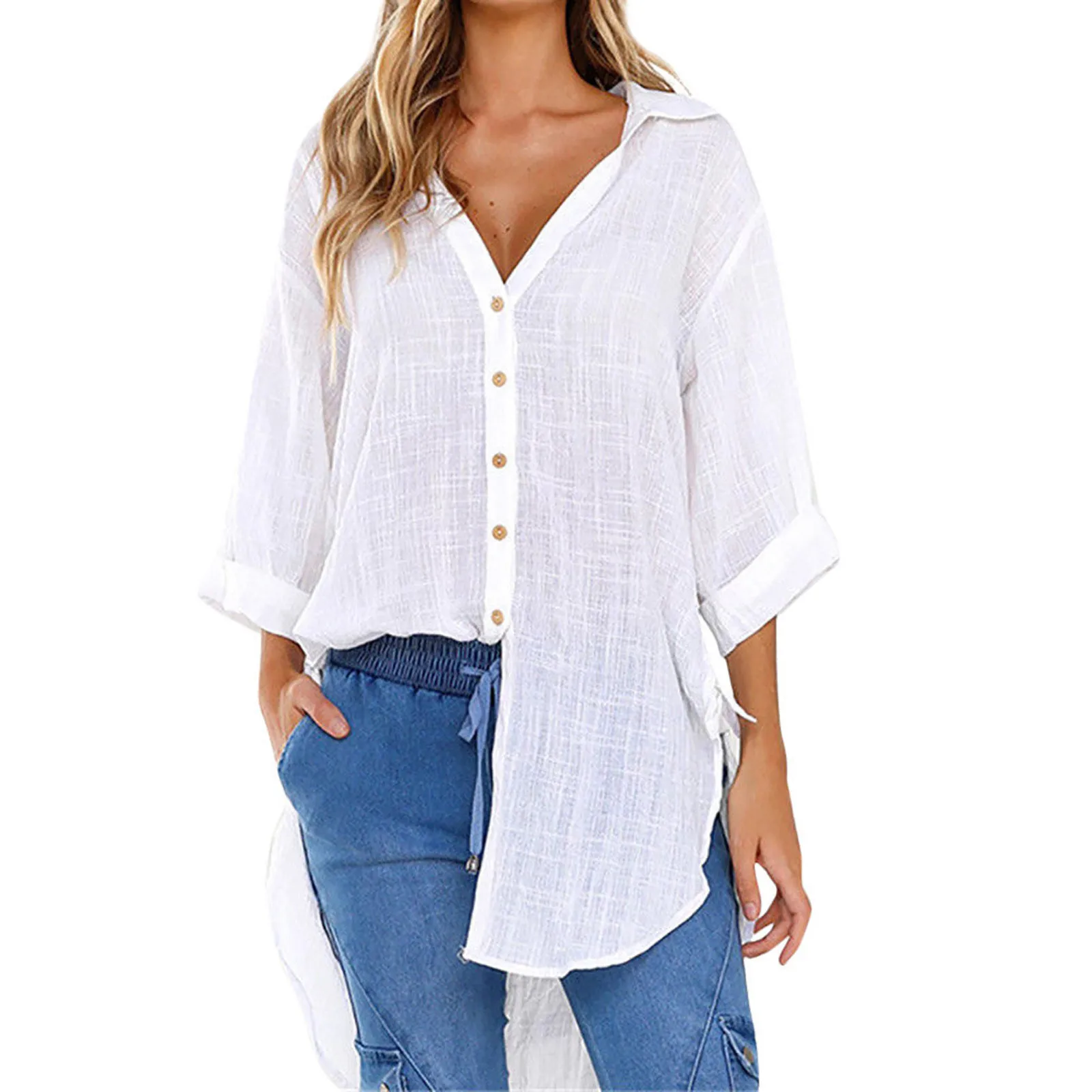 Large Sized Casual Solid Color Minimalist Cardigan For Women Lace-up Button Lapel Shirt Loose Side Knotted Long Sleeve Shirt