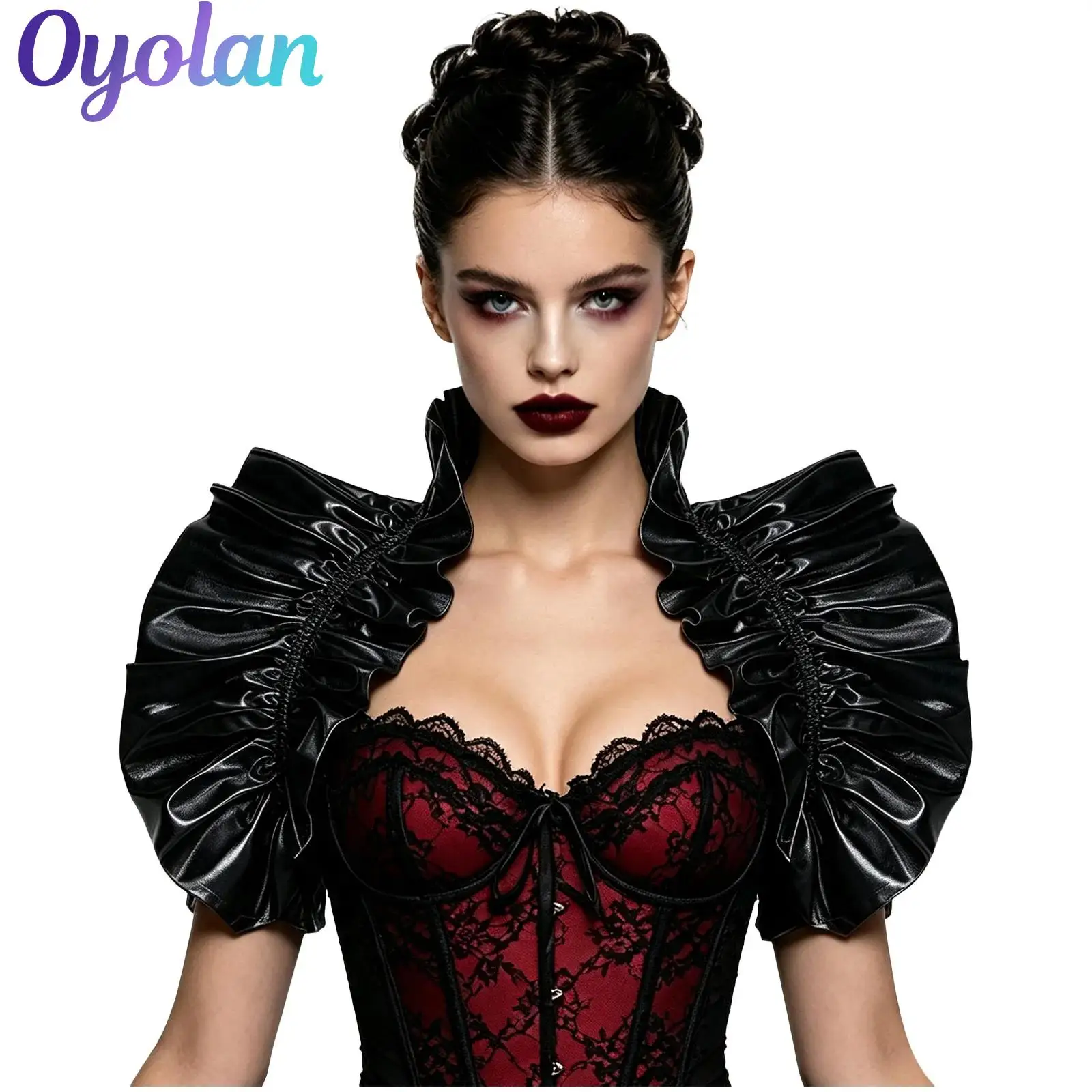 Women Metallic Shiny Ruffle Bolero Frill Shawl Retro Renaissance Shrug Shoulder Wrap Cape Gothic Victorian Costume Accessory