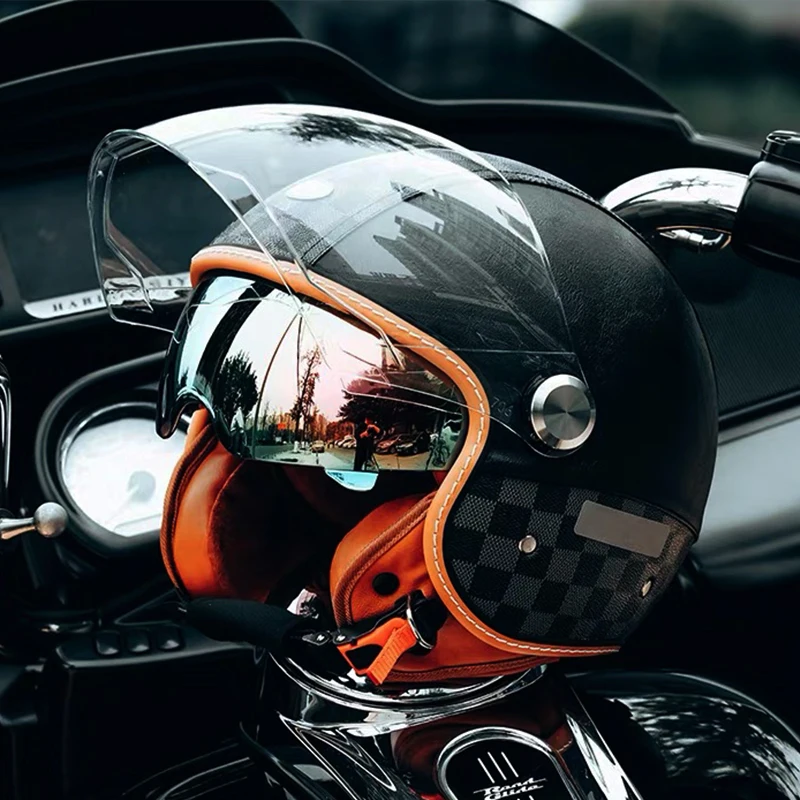 

Black Grid Leather Open Face Motorcycle Helmet with Daul Lens Men Women Leather Jet Moto Helmet with Double Visor 3/4 Half Helm