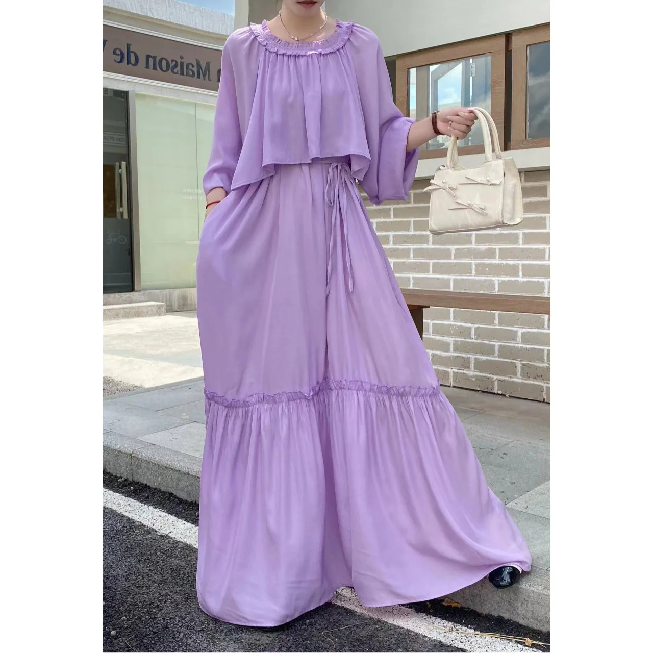 Anti-aging lange pure kleur Dr losse faionable houten kraag afslankende A-lijn jurk damesachtige Sle Lantern Sve