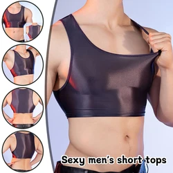 Sexy Mens Glitter Tank Top Smooth U Neck Short Top Sleeveless Solid Colour Muscle Half Tank Clubwear Sports Fitness Bra Slim Top