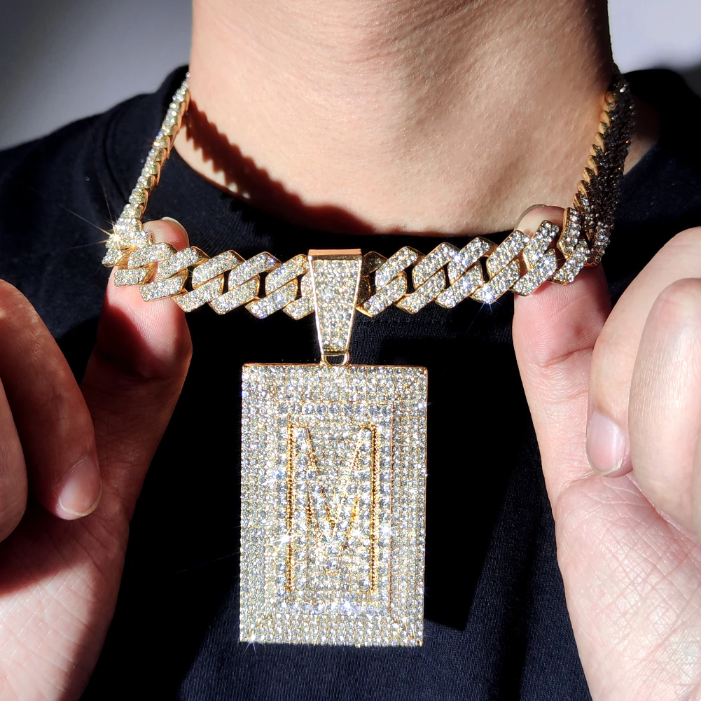 قلادة بدلاية أولية مربعة مثلجة للرجال والنساء ، سلسلة ربط كوبية ، قلادات بحروف ، هدية مجوهرات هيب هوب ، 14