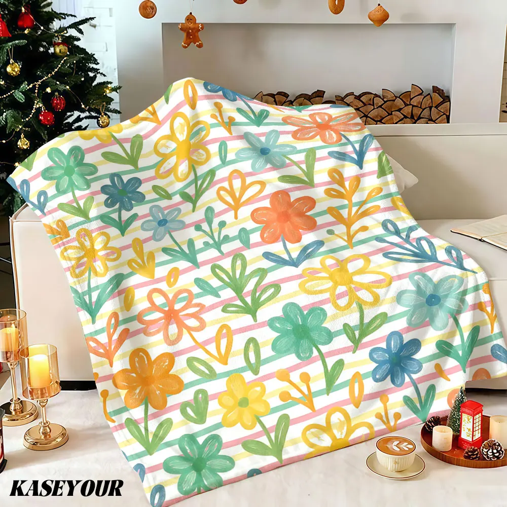 Pastellfarbene Blumenstreifen Winter Sommer Flanell-Decke Fleece-Überwurf Weiche Flauschige Gemütliche Fleece-Decken für Sofa Ideale Geschenke