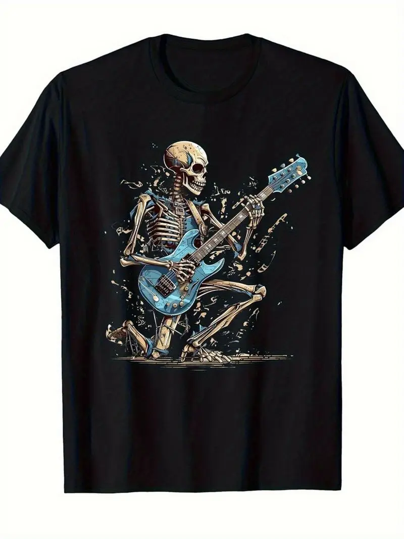 Vintage Electric Guitar Skeleton T-Shirt For Men And Women - Blue Guitar White Bone Design, Soft Breathable Black Shirt Tee