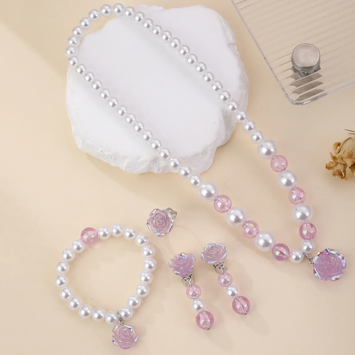 5pcs Kids Imitation Pearl Jewelry Set Colored Rose Pendant Necklace Bracelet Earrings Ring for Party Dress-Up & Celebrations