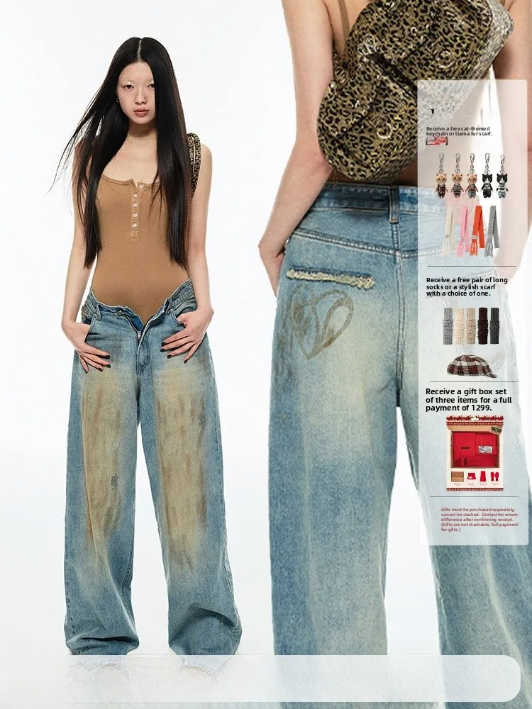 

JINN STUDIO винтажные широкие джинсы с загорелой грязью, длинные джинсы прямого кроя длиной до пола, свободные джинсы для молодых женщин