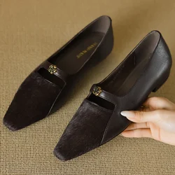 Women's sheepskin horsehair patchwork pointed toe slip-on flats metal buckle elegant ladies soft comfortable slim daily shoes