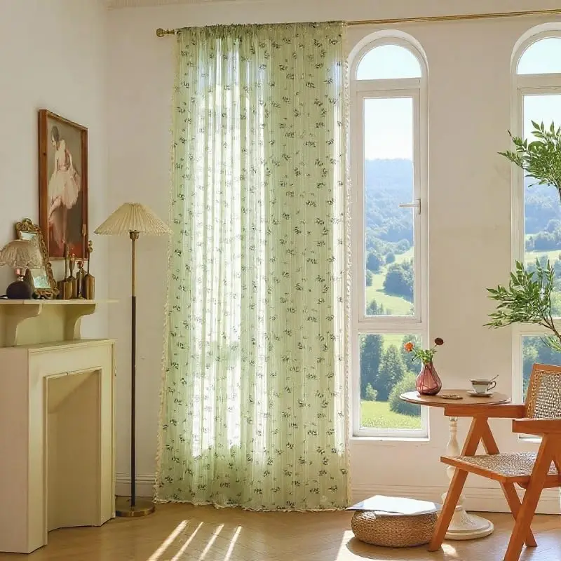 Farmhouse Floral Curtains, Vintage Semi Sheer Drapes Curtain Room Country Window Treatment Curtains for Living Room Bedroom