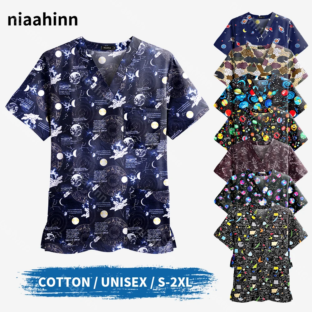 NiaaHinn Verpleging Scrub Uniform Unisex V-hals Zorgpersoneel T-shirt Arts Verpleegkundige Werkkleding Medische Blouse Print Dierenwinkel Tops S-XXL