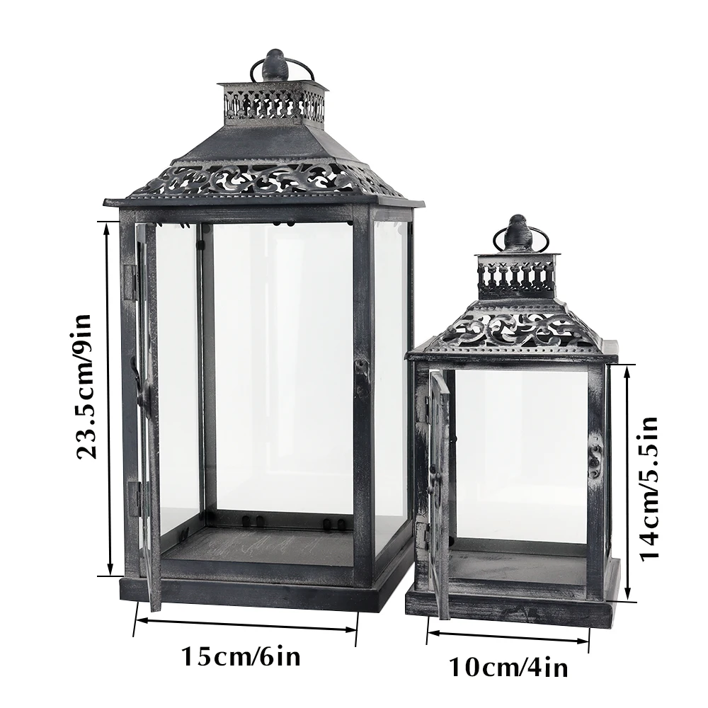 Set of Two Antique Grey Metal Vintage Square Style Hanging Candle Lantern Metal Candle Holder for Home Wedding Decor view 3