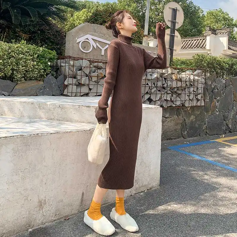 Sukienka damska z golfem, dzianinowa, brązowa, szydełkowa, beżowa, odzież w stylu koreańskim, promocja, nowości, dzianina, Y2k