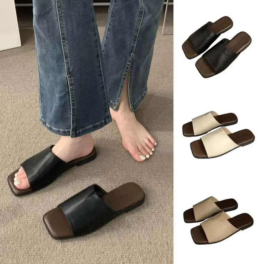 

Soft PVC Flat Soled Slippers Anti Slip Black White Khaki Slides Sandals Women Korean Style Lightweight Outer Wear Shoes Beach