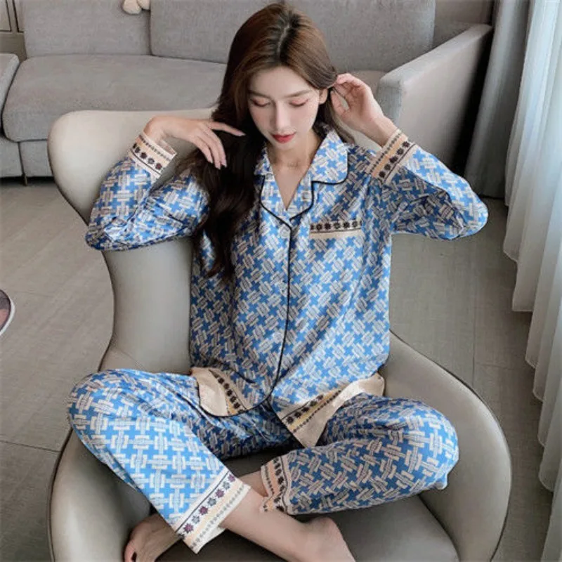 Spring Autumn Ice Silk Pajamas Women Long Sleeve Loose Large Size High-End Loungewear Suit Female Casual Printed Nightclothes