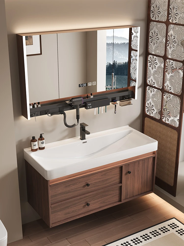 Medieval Style Walnut Color Bathroom Cabinet with Integrated Ceramic Basin Hand Washing Face Washbasin Lacquer Door Panel