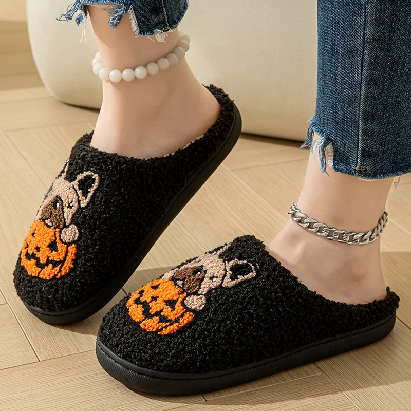 Halloween Dog Embroidery Cotton Home Slippers Women 2024 Winter Fluffy Furry House Slippers Woman Comfort Flat Heels Floor Shoes