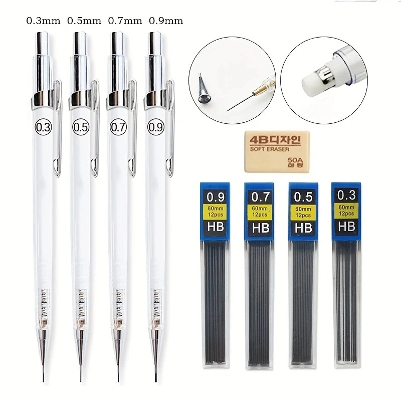 0.3/0.5/0.7/0.9mm Transparent Mechanical Pencil Set Replaceable Lead Art Painting Sketch Pencil Writing Supplies Gifts