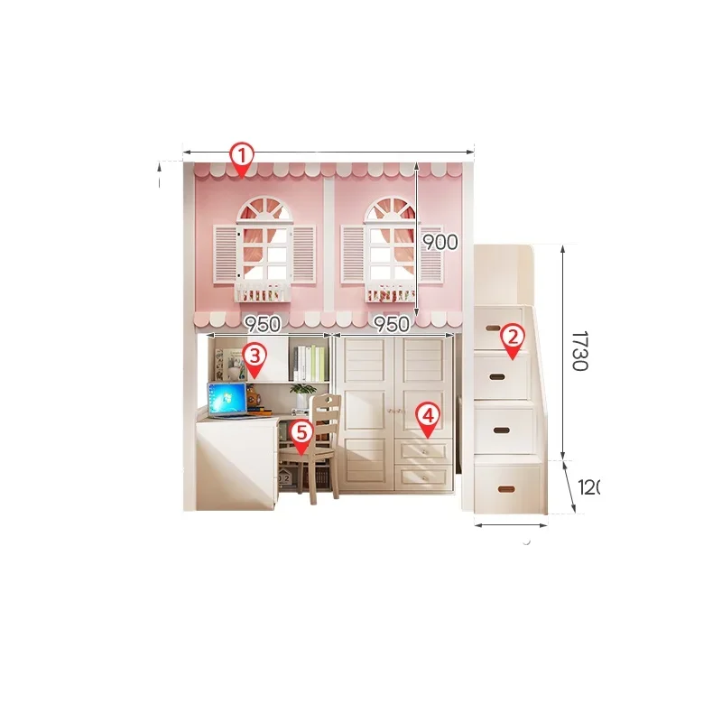Combination  with wardrobe desk, two-child  parent-child, children's  double, go and get off the table