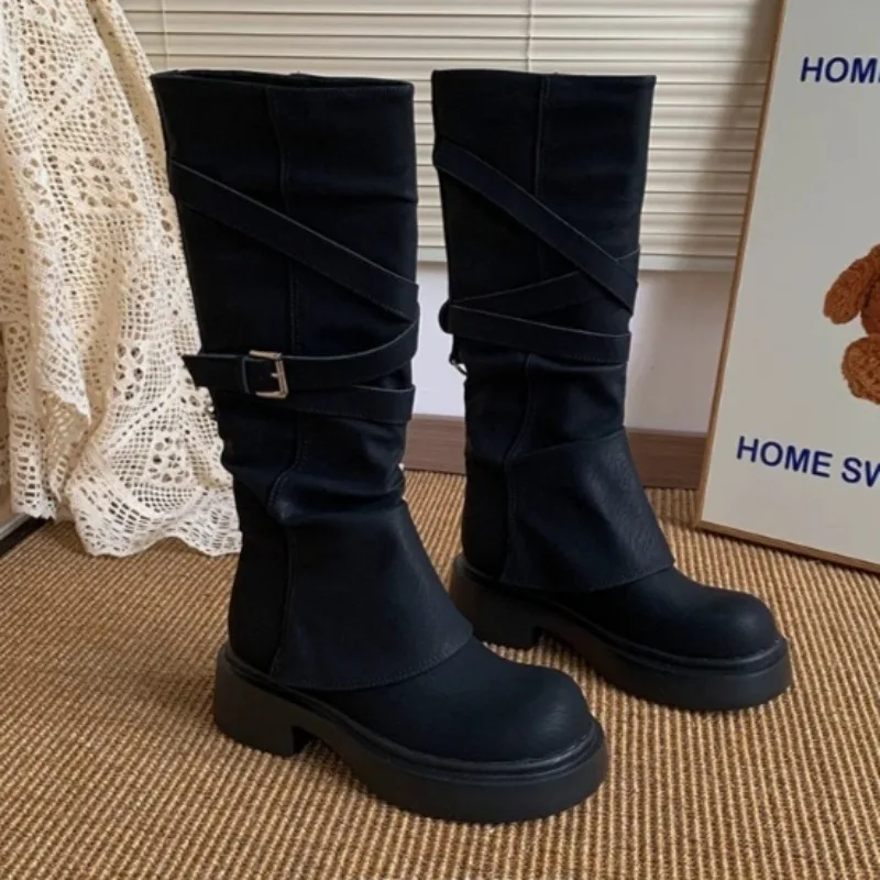 

Mid Heels Long Boots for Women New Winter Fashion Chunky Shoes Classical Elegant Buckle Knee Boots 2025 Dress Pumps Cozy Zapatos