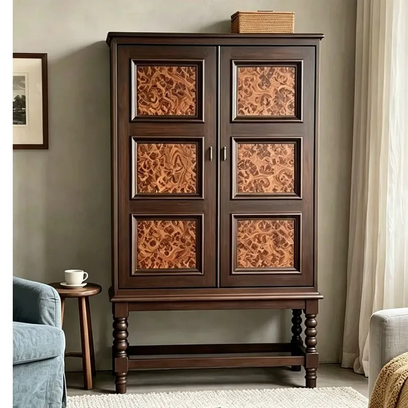 Solid wood side cabinet, tree tumor multi-grid square cabinet, living room wall locker, opposite door, B & B hotel antique