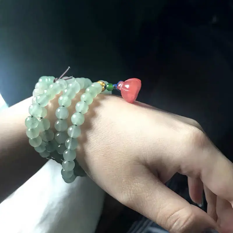 Natural Jade 108 Bracelet Light Green Multi-Circle Green Dongling Stone Necklace Buddha Bead Lucky Hand String for Men and Women