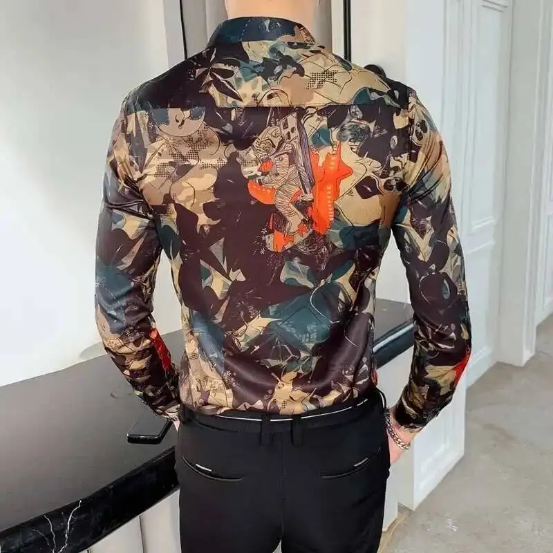 Camisa con estampado de hojas para hombre, camisa informal de flores, ajustada, de manga larga, con estampado Digital, para fiesta, a la moda, 4xl,