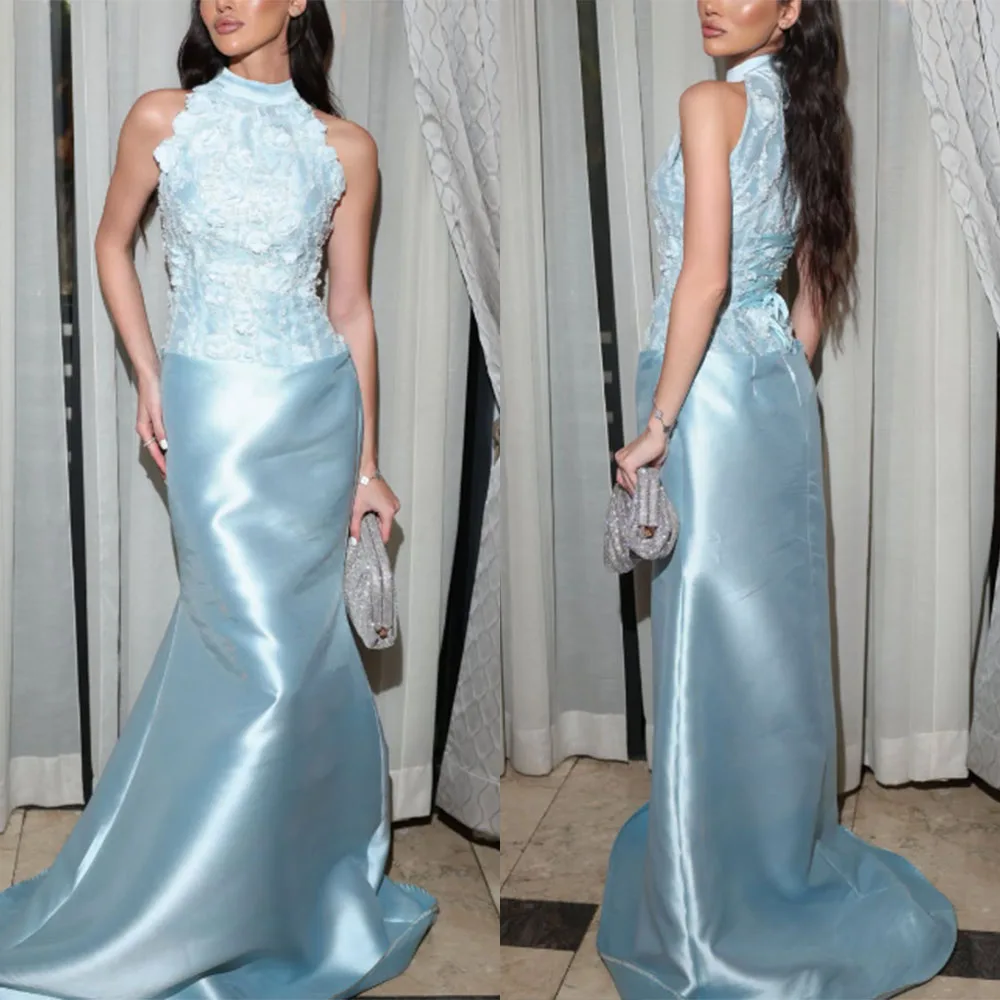 

Customized High Collar Floor Length Sleeveless Appliques Beaded Vestidos Para Bodas Mujer Invitada Luxury Dress Evening Gown